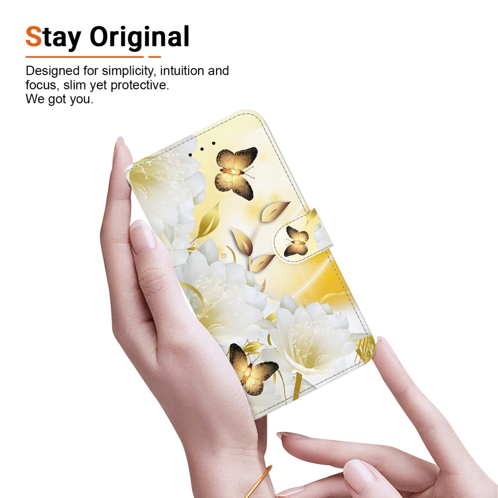 Printern knížkové pouzdro na Xiaomi Redmi Note 14 5G - zlatí motýli a květina