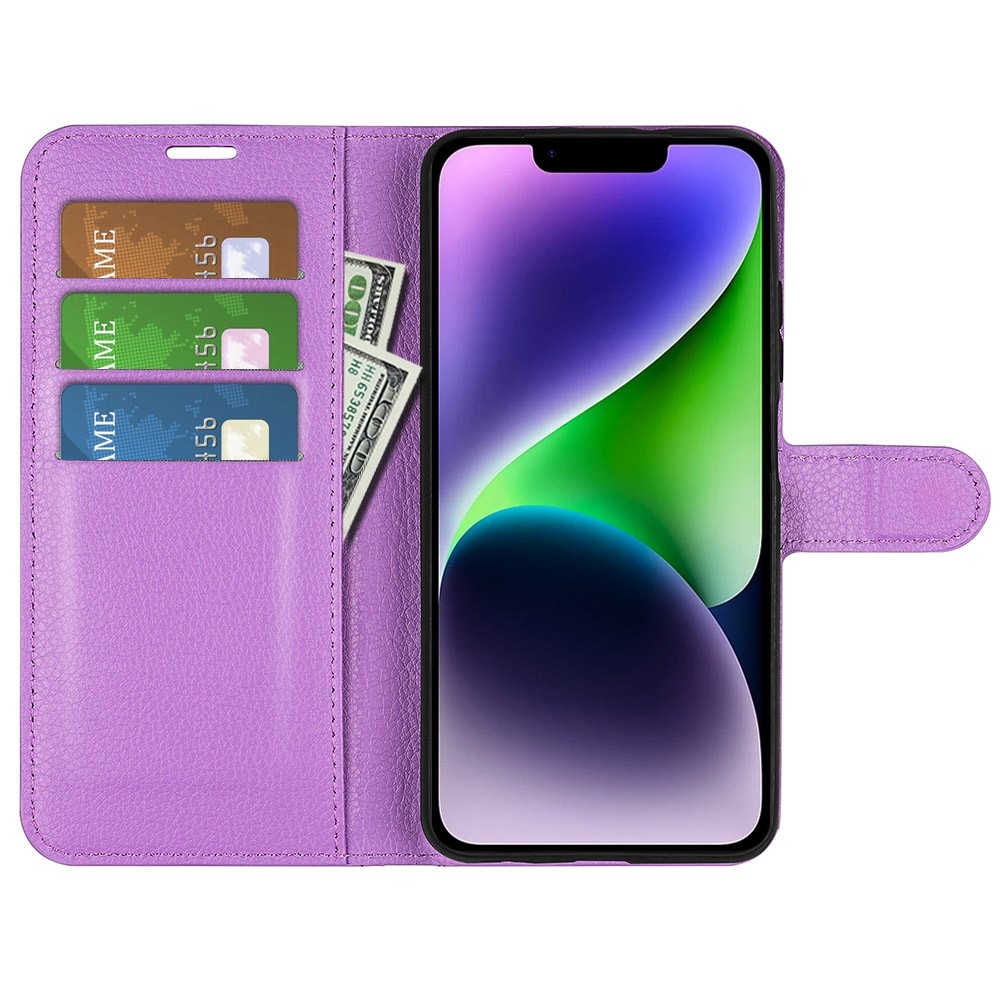 Litchi knížkové pouzdro na iPhone 15 - fialové