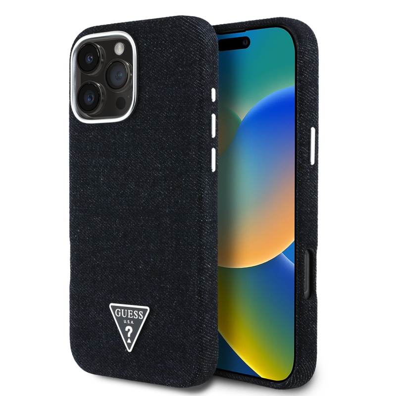 Guess Denim Triangle Logo MagSafe Zadní Kryt pro iPhone 16 Pro Black