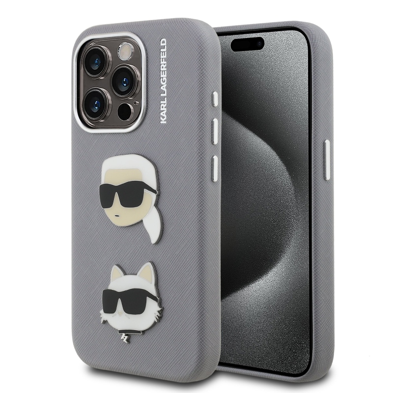 Karl Lagerfeld Grained PU K&CH Heads Zadní Kryt pro iPhone 15 Pro Max Grey