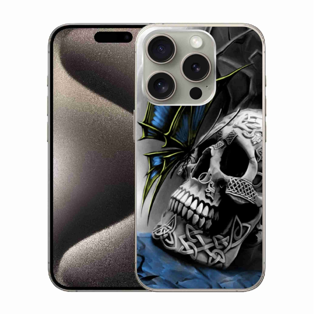 Gelový kryt mmCase na iPhone 15 Pro - motýl a lebka
