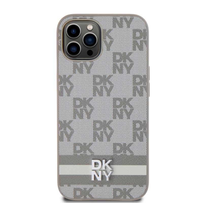 DKNY PU Leather Checkered Pattern and Stripe Zadní Kryt pro iPhone 12/12 Pro Beige