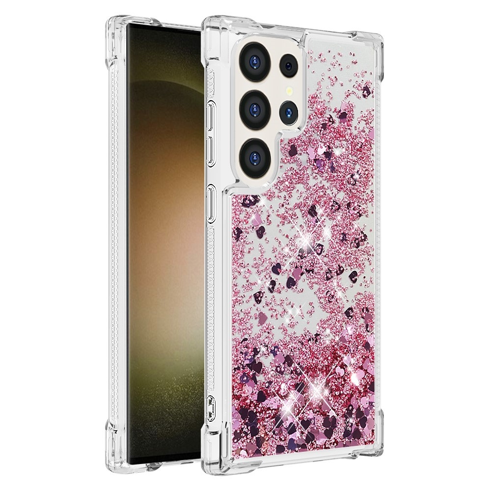 Glitter přesýpací gelový obal na Samsung Galaxy S24 Ultra - růžovozlatý/srdíčka