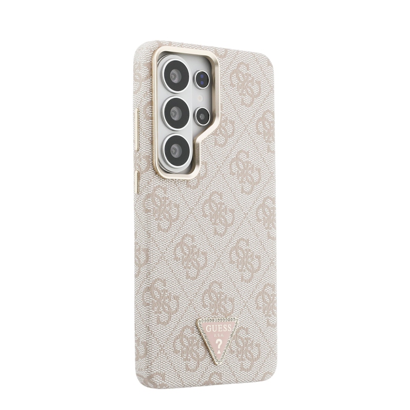 Guess PU Leather 4G Strass Triangle Logo Gold Frame Magnetic Zadní Kryt pro Samsung Galaxy S26 Ultra Pink