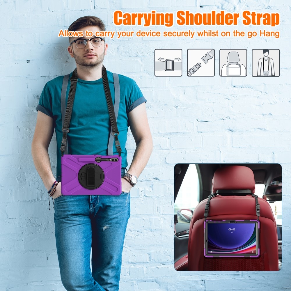 Strap odolný kryt s úchopem na ruku a popruhem na Samsung Galaxy Tab S10+/S9+/S9 FE+/S8+/S7+ - fialový