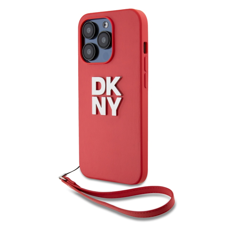 DKNY PU Leather Stack Logo Wrist Strap Zadní Kryt pro iPhone 14 Pro Red
