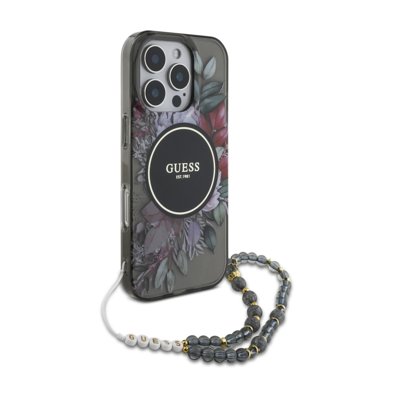 Guess IML Flowers Pearl Strap MagSafe Zadní Kryt pro iPhone 16 Pro Max Black