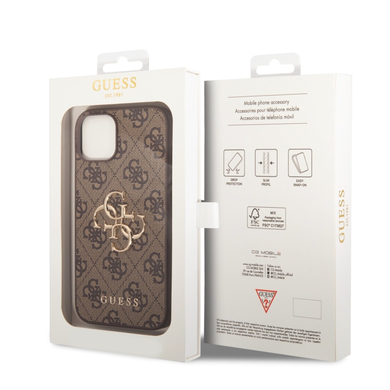 Guess PU 4G Metal Logo Zadní Kryt pro iPhone 15 Brown