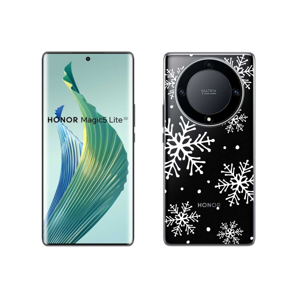 Gelový kryt mmCase na Honor Magic 5 Lite 5G - bílé vločky na průhledném pozadí