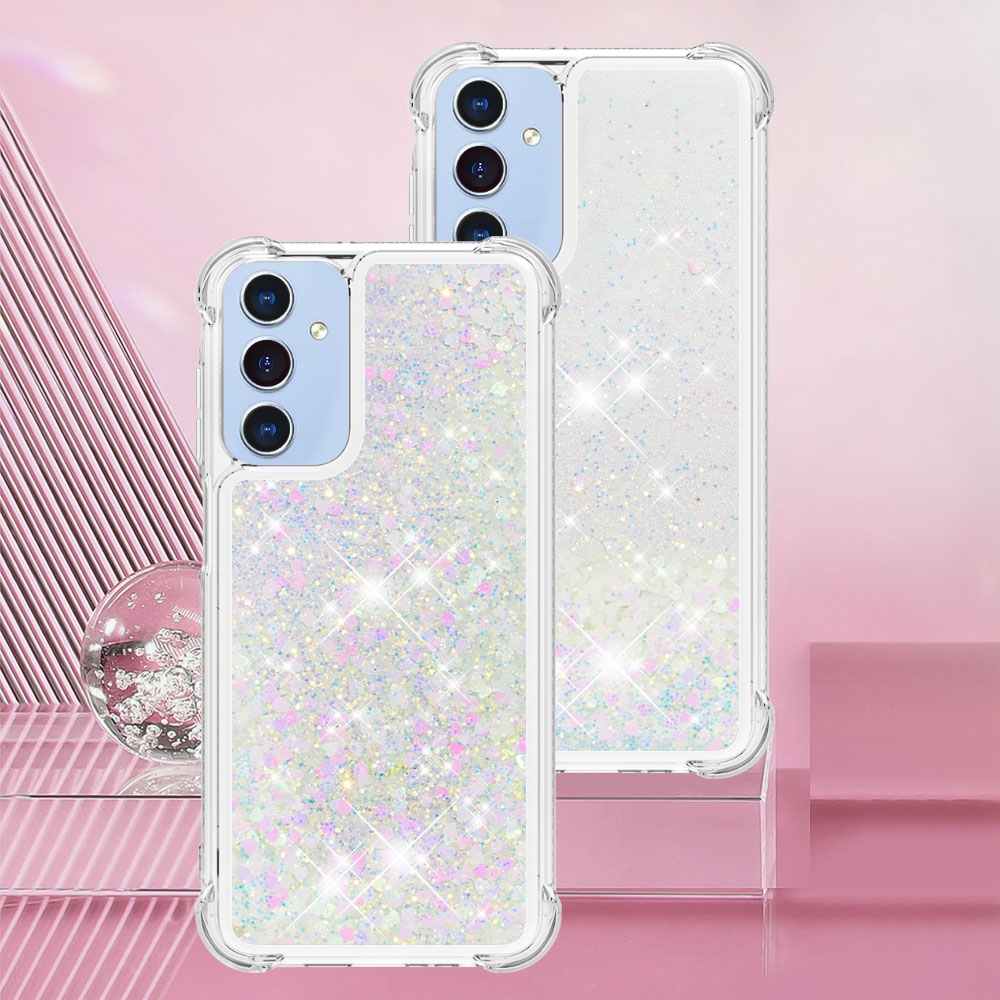 Glitter přesýpací gelový obal na Samsung Galaxy A17 5G - růžovostříbrný/srdíčka