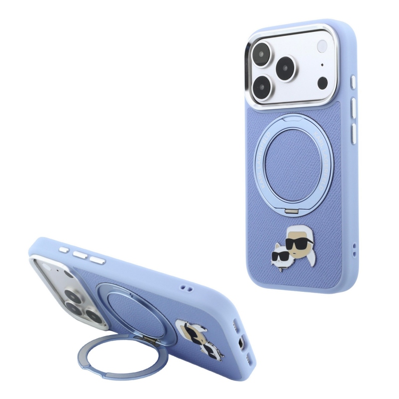 Karl Lagerfeld PU Grained K&CH Heads Ring Stand Magsafe Zadní Kryt pro iPhone 18 Pro Blue