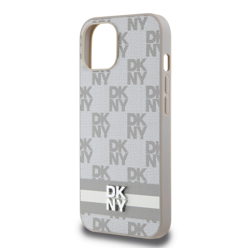 DKNY PU Leather Checkered Pattern and Stripe Zadní Kryt pro iPhone 12/12 Pro Beige