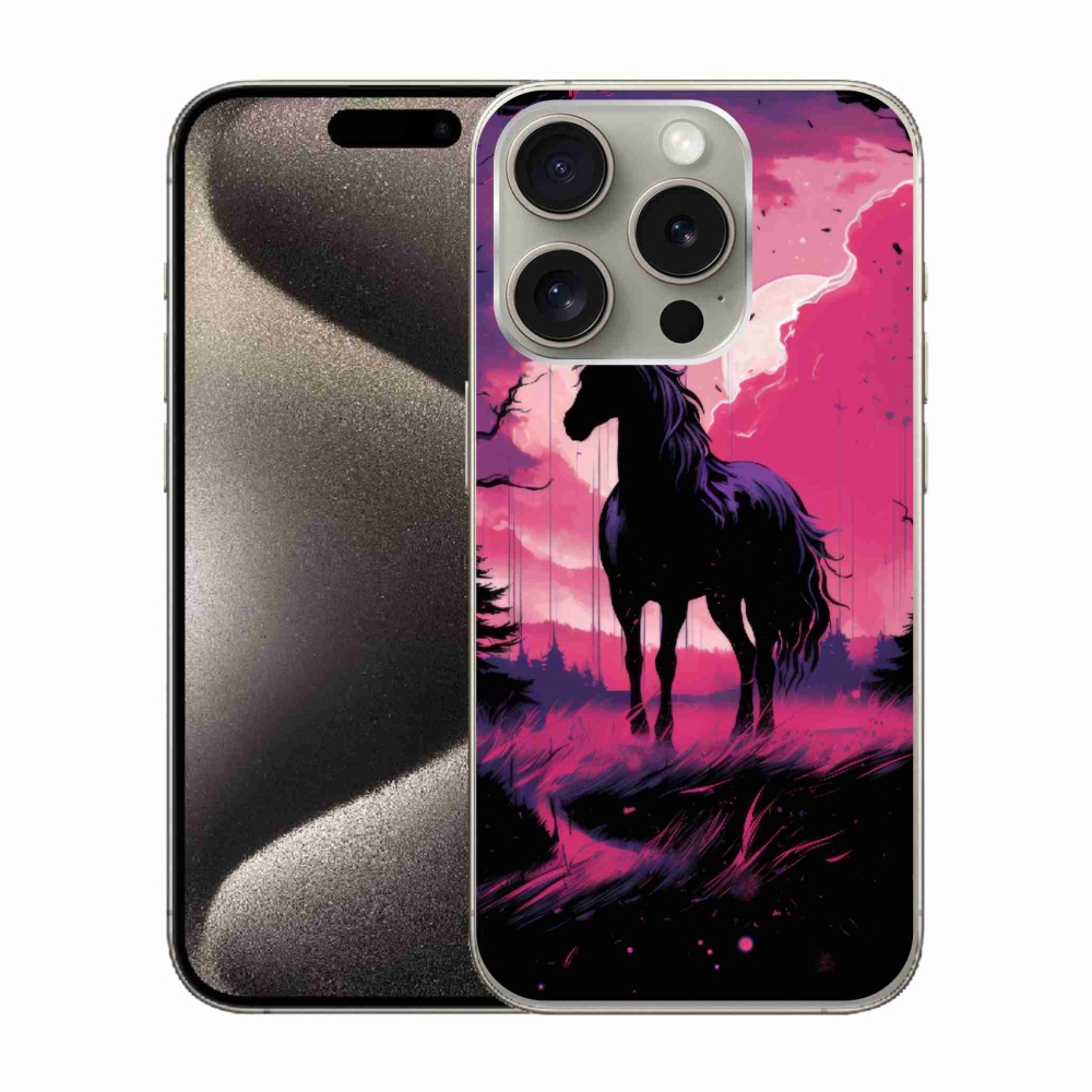 Gelový kryt mmCase na iPhone 15 Pro - černý kreslený kůň 1
