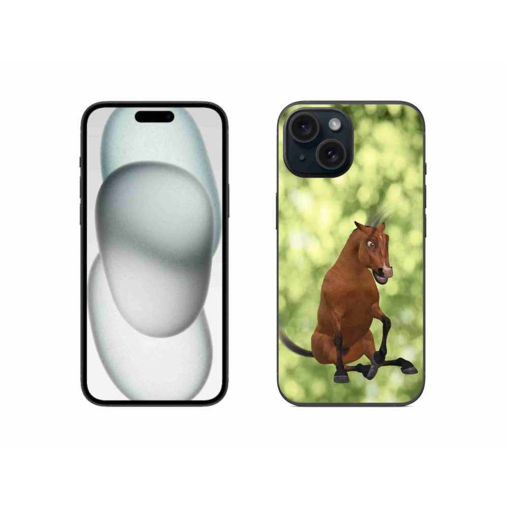 Gelový kryt mmCase na iPhone 15 - hnědý kreslený kůň 1