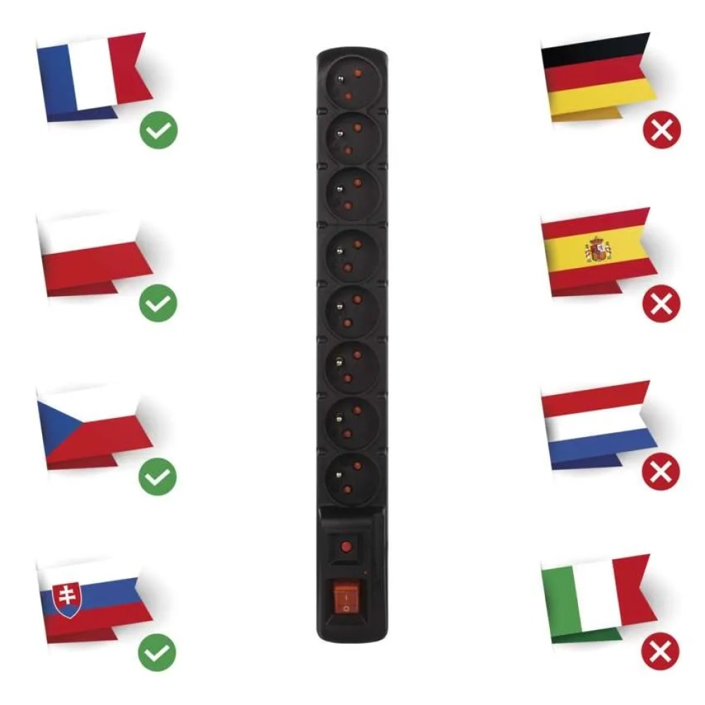 Přepěťová ochrana – 8 zásuvek, 1,5m - černá