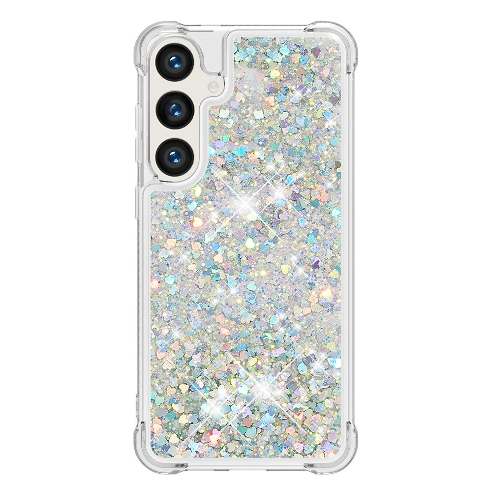 Glitter přesýpací gelový obal na mobil Samsung Galaxy S24+ - stříbrný/srdíčka