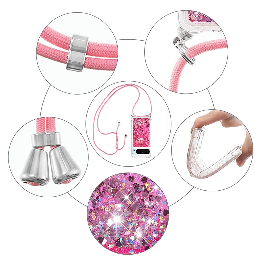 Glitters přesýpací gelový obal se šňůrkou na Google Pixel 10 Pro/Pixel 10 - růžový/srdíčka