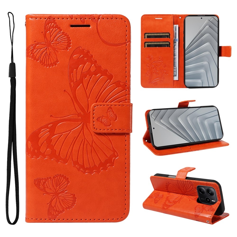 Big Butterfly knížkové pouzdro na Xiaomi Redmi Note 14 - oranžové