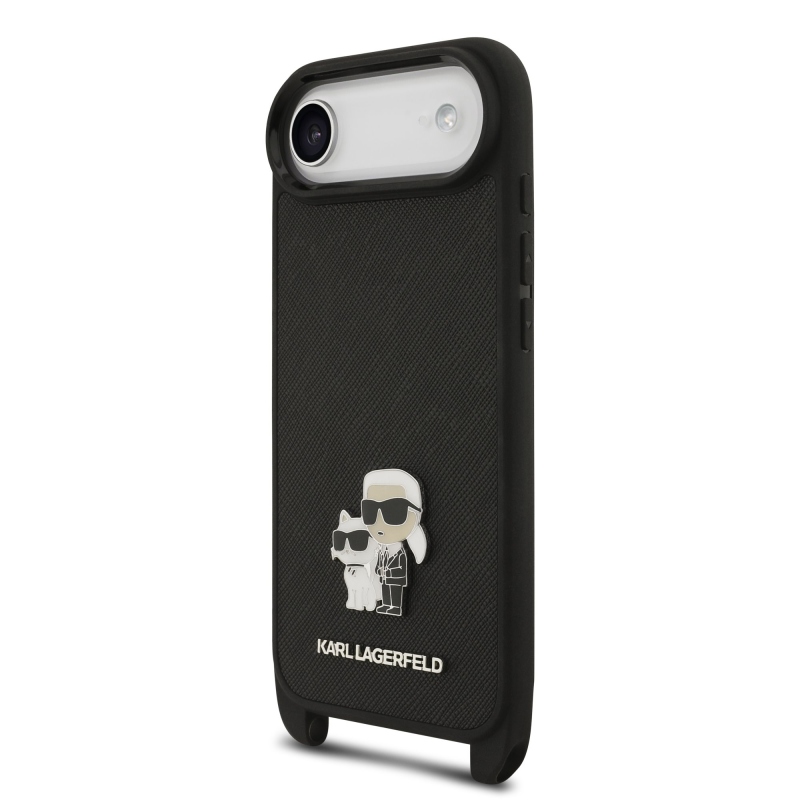 Karl Lagerfeld Saffiano Crossbody Popruh Metal Karl and Choupette Zadní Kryt pro iPhone Air Black