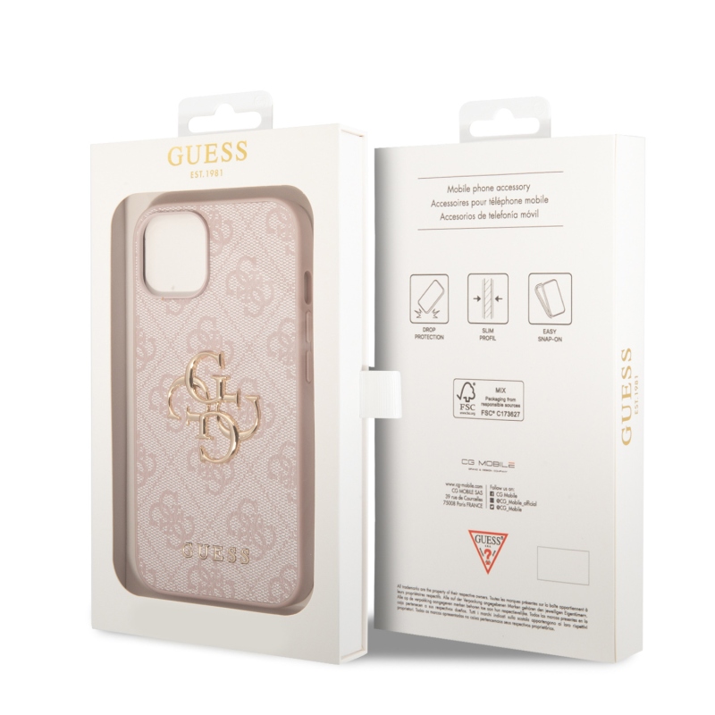 Guess PU 4G Metal Logo Zadní Kryt pro iPhone 15 Pink