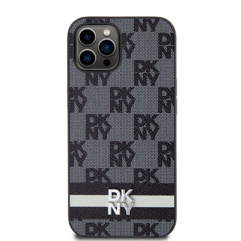 DKNY PU Leather Checkered Pattern and Stripe Zadní Kryt pro iPhone 12/12 Pro Black