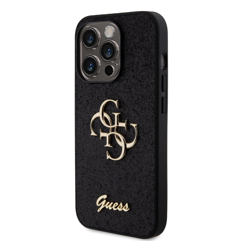 Guess PU Fixed Glitter 4G Metal Logo Zadní Kryt pro iPhone 15 Pro Black