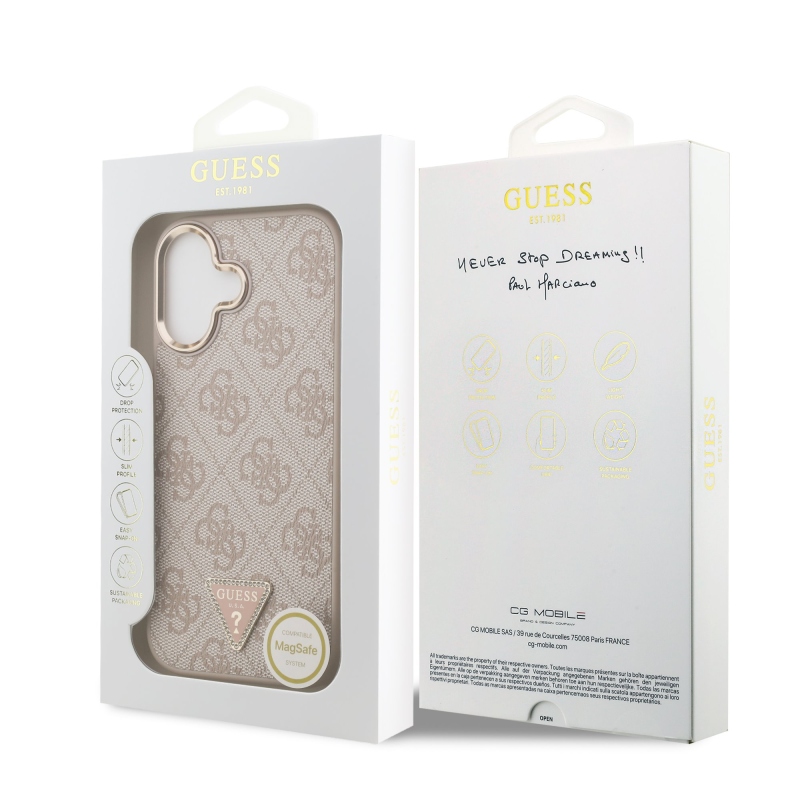 Guess PU Leather 4G Strass Triangle Logo Gold Frame MagSafe Zadní Kryt pro iPhone 17 Pink