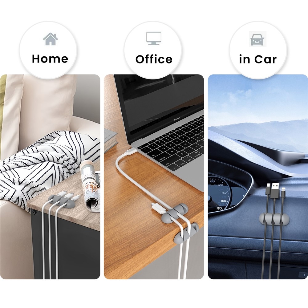 Silikonový držák kabelů se 3 drážkami a samolepicím uchycením - šedý