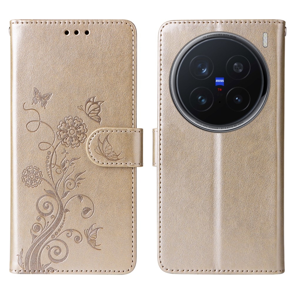 Flowery knížkové pouzdro na Vivo X200 Pro 5G - zlaté