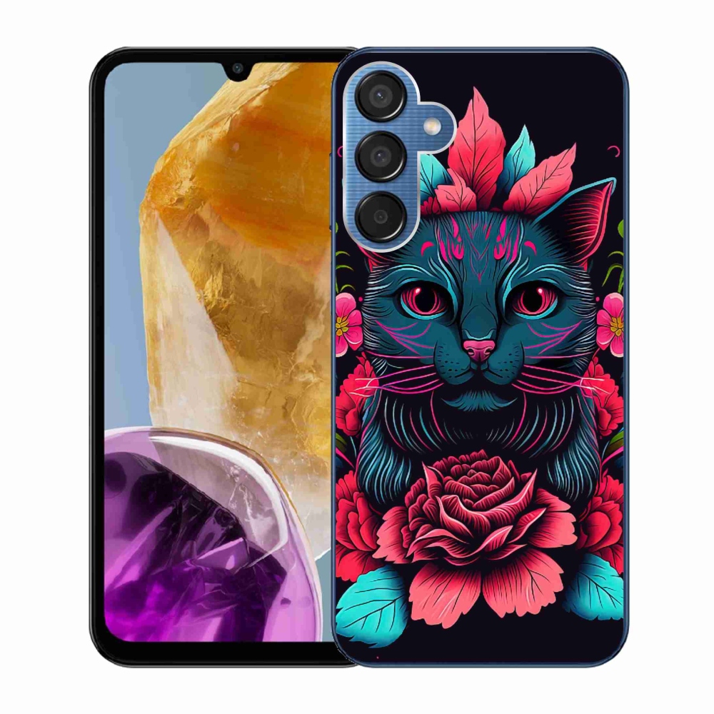 Gelový kryt mmCase na Samsung Galaxy M15 5G - květiny a kočka