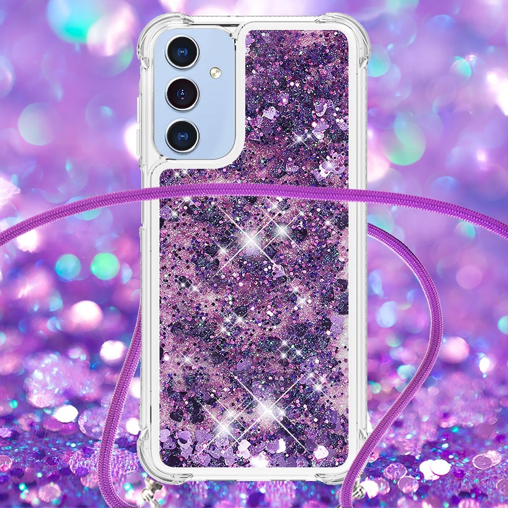 Glitters přesýpací gelový obal se šňůrkou na Samsung Galaxy A26 5G - tmavěfialový/srdíčka
