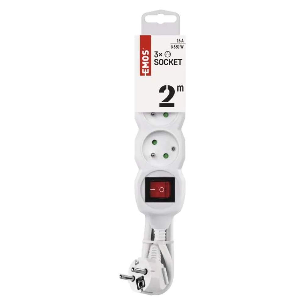 Prodlužovací kabel 2 m / 3 zásuvky / s vypínačem / bílý / PVC / 1 mm2