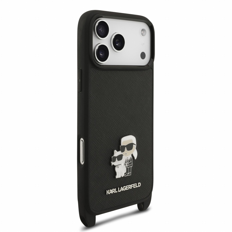 Karl Lagerfeld Saffiano Crossbody Popruh Metal Karl and Choupette Zadní Kryt pro iPhone 18 Pro Max Black