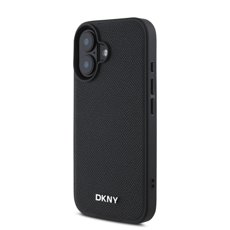 DKNY PU Leather Silver Metal Logo Magsafe Zadní Kryt pro iPhone 16 Plus Black