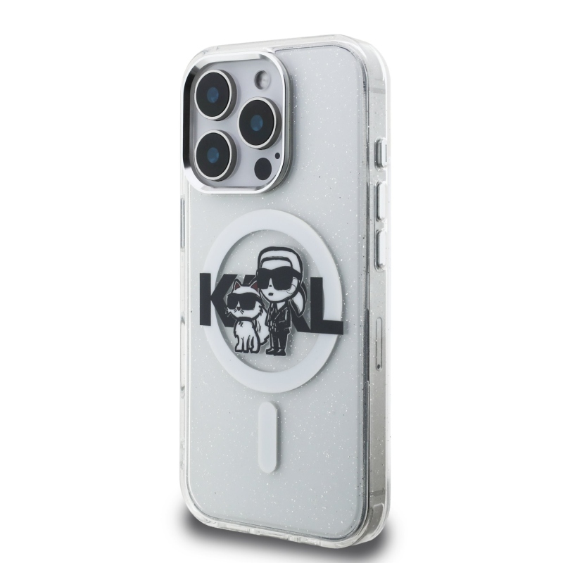 Karl Lagerfeld IML Glitter Karl and Choupette Sketch MagSafe Zadní Kryt pro iPhone 16 Pro Transparent