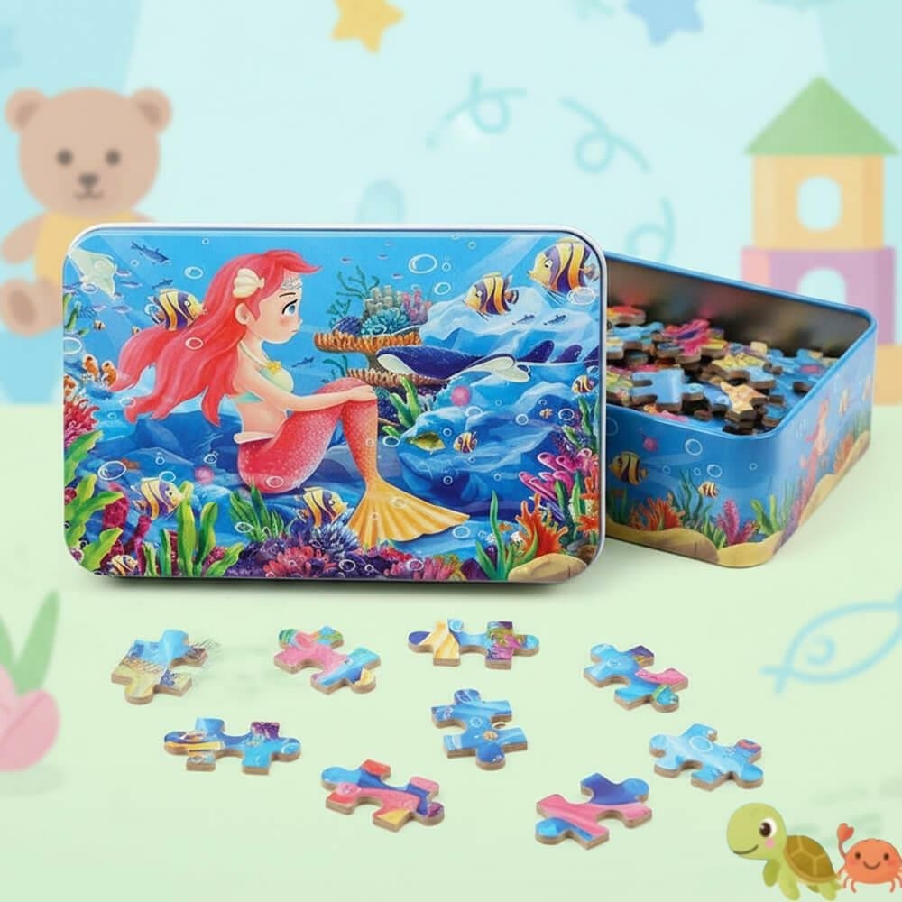 Dřevěné puzzle v kovové krabičce 60 dílků  - mořská panna 