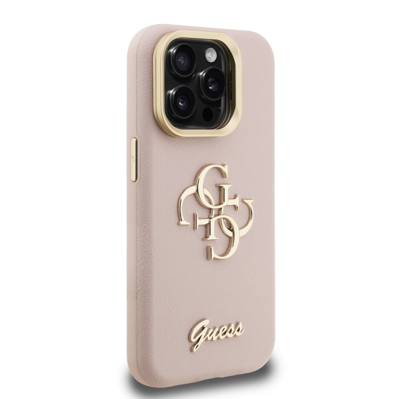 Guess PU Grained 4G Logo Stand Camera Frame Zadní Kryt pro iPhone 15 Pro Pink