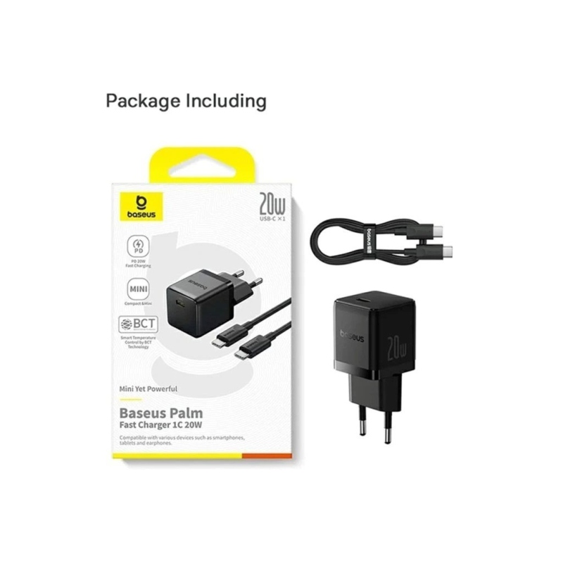 Baseus Palm Fast Nabíječka USB-C 20W + Datový Kabel USB-C/USB-C 1m Black