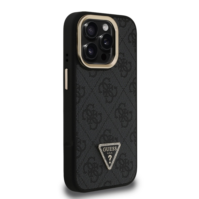 Guess PU 4G Strass Triangle Logo Stand Camera Frame MagSafe Zadní Kryt pro iPhone 15 Pro Black
