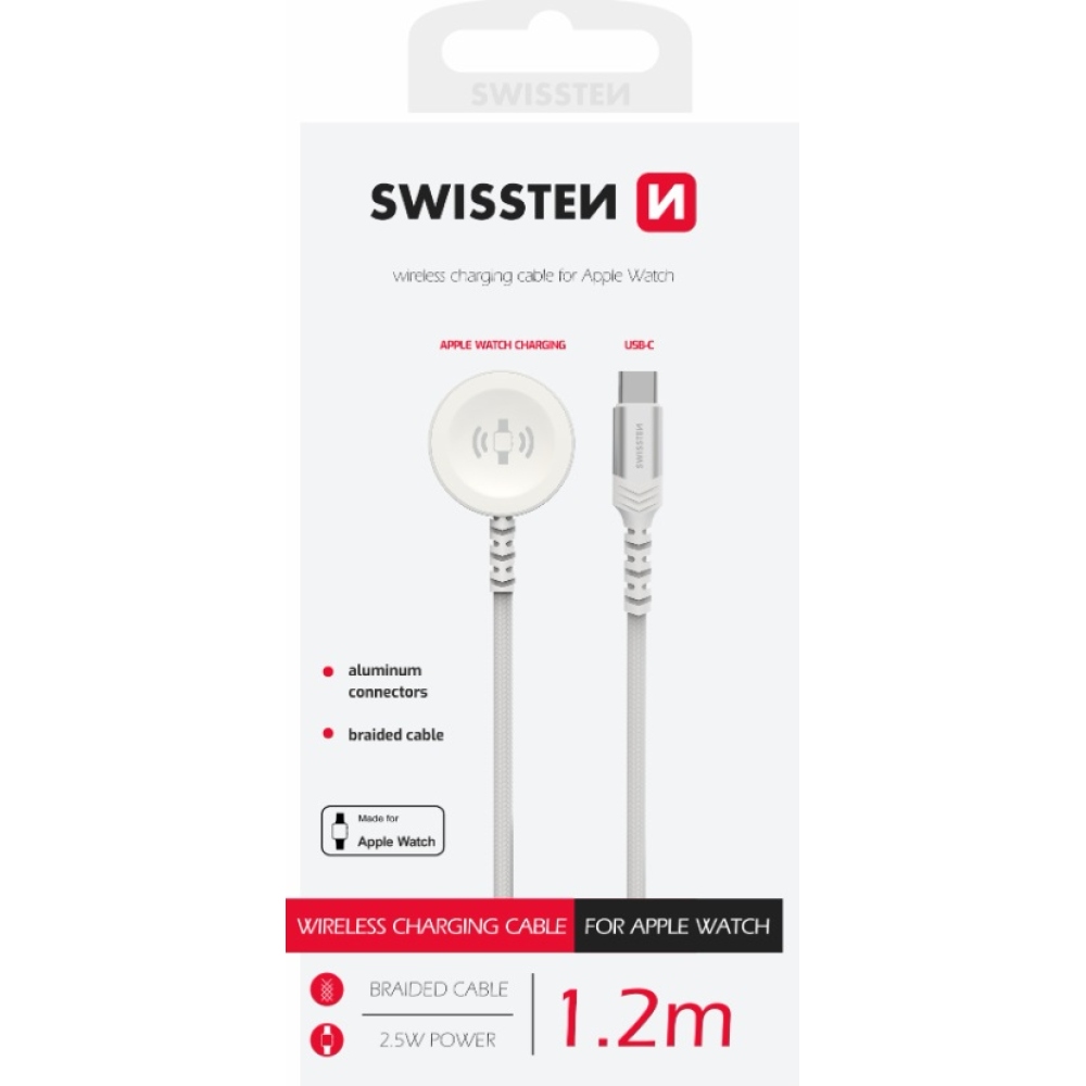 Swissten opletený kovový magnetický kabel pro Apple Watch, USB-C 1.2 m - bílý