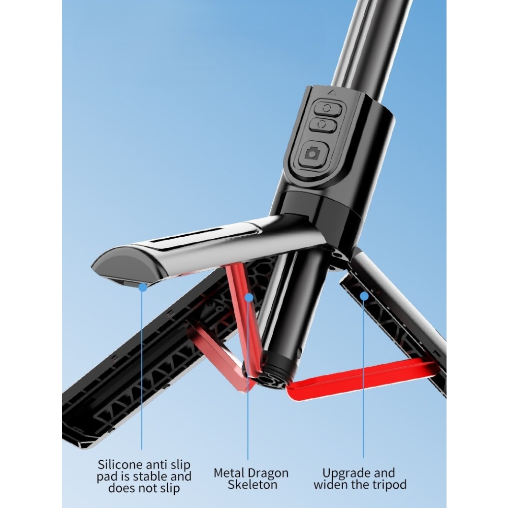 C08 stabilizátor na mobil se selfie tyčí, stativem a Bluetooth ovládáním - černá/červená